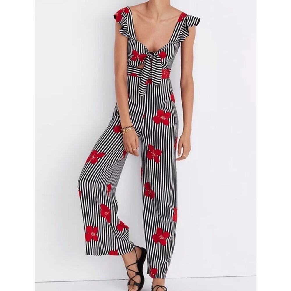 Madewell Plumeria Cutout Jumpsuit Candied Orchirds New Stripe Women 16 Crop Wide